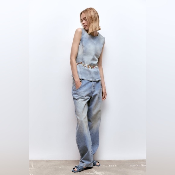 NWT. Zara Denim Blue Flat Slider Sandals with Studs. Size 10. - Picture 5 of 8